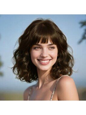 Short Wavy Bob Wig with Bangs - Dark Brown, Heat Resistant, 12 Inch, Natural